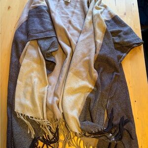 Woolrich Two-Tone Taupe and Dark Brown Fringe Poncho